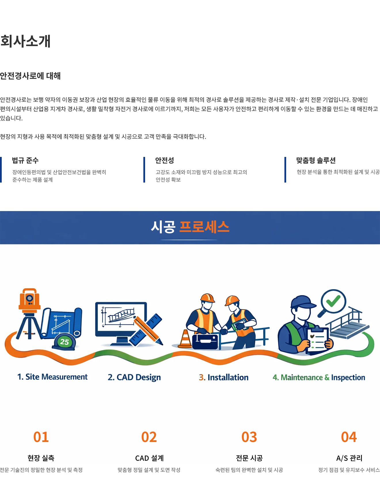 회사소개/안전경사로에 대해/안전경사로는 보행 약자의 이동권 보장과 산업 현장의 효율적인 물류 이동을 위해 최적의 경사로 솔루션을 제공하는 경사로 제작 · 설치 전문 기업입니다. 장애인 편의시설부터 산업용 지게차 경사로, 생활 밀착형 자전거 경사로에 이르기까지, 저희는 모든 사용자가 안전하고 편리하게 이동할 수 있는 환경을 만드는 데 매진하고 있습니다. 현장의 지형과 사용 목적에 최적화된 맞춤형 설계 및 시공으로 고객 만족을 극대화합니다. / 법규준수 : 장애인등편의법 및 산업안전보건법을 완벽히 준수하는 제품 설계 | 안전성 : 고강도 소재와 미끄럼 방지 성능으로 최고의 안전성 확보 | 맞춤형 솔루션 : 현장 분석을 통한 최적화된 설계 및 시공 / 시공 프로세스 : 01 현장 실측, 02 CAD 설계, 03 전문 시공, 04 A/S 관리